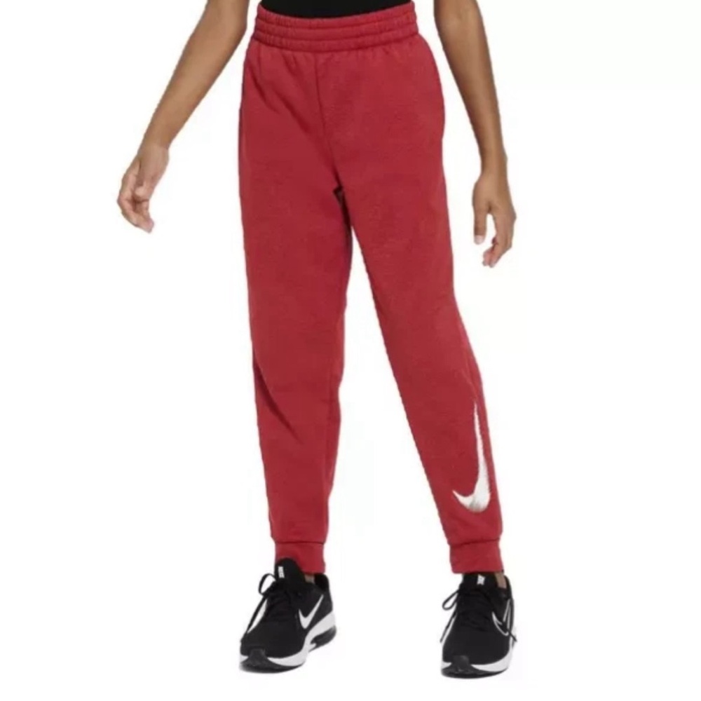 NWT Nike Big Kids Therma-FIT Fleece Training Joggers, Red White Logo, Size Large